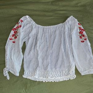 Hollister off the shoulder blue and white top with red flowers